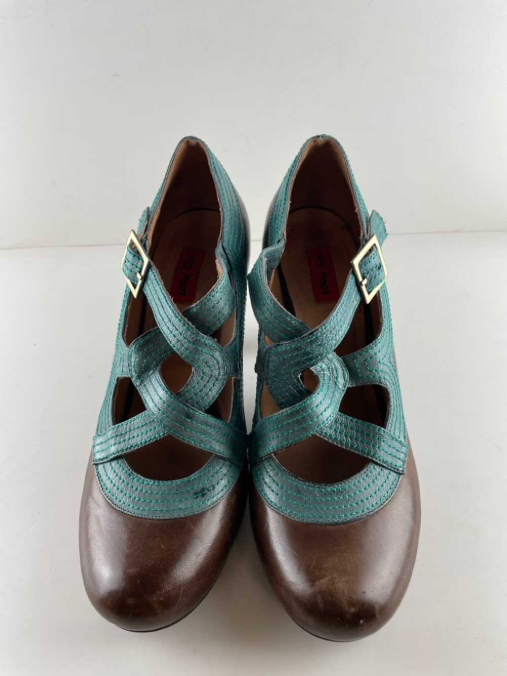 Miz Mooz Leather Mary Jane Heels Size 9 Brown Teal Retro Cutout Pumps - Picture 5 of 9
